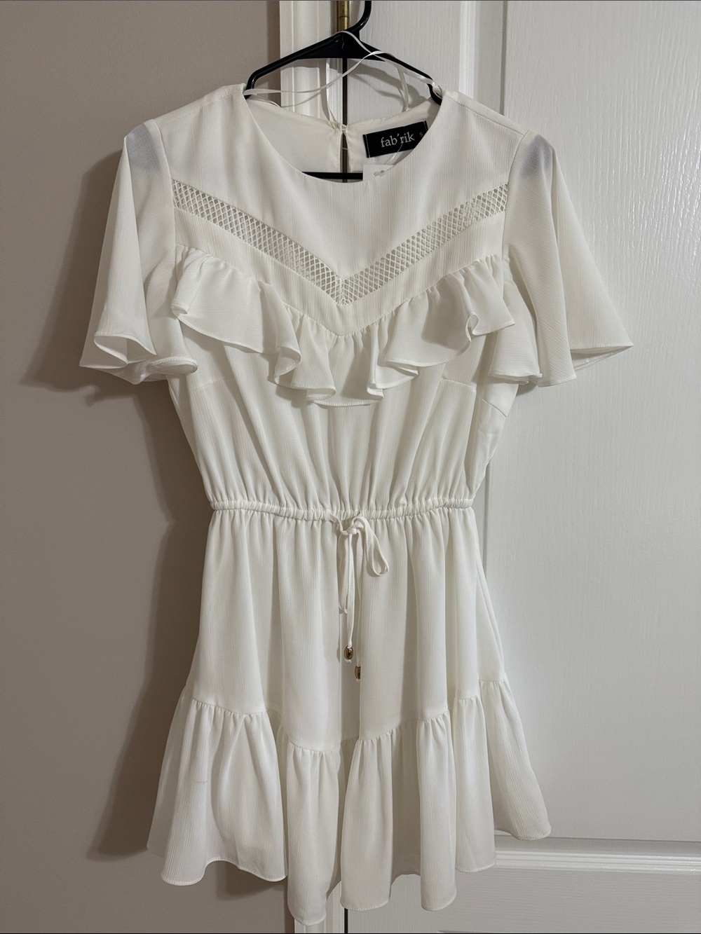 fab'rik White Ruffle Tie-Waist Mini Dress